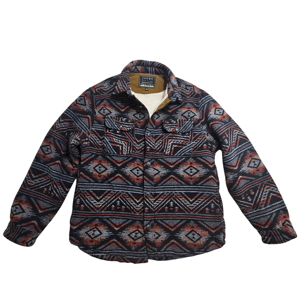 Jachs New York Shirt Jacket Large Grey Orange Southwest Sherpa Lined Wool Blend